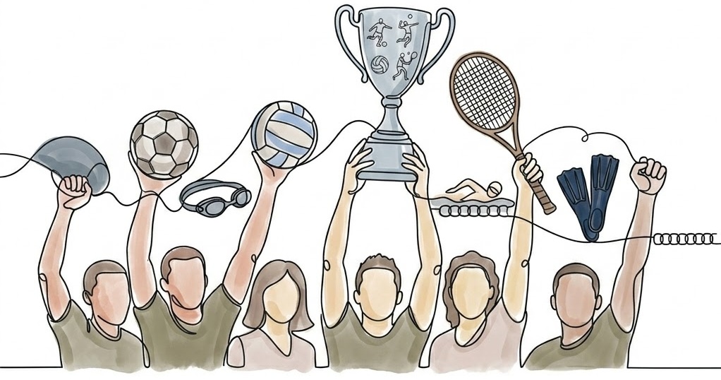 Ilustración de atletas sosteniendo un trofeo y elementos deportivos